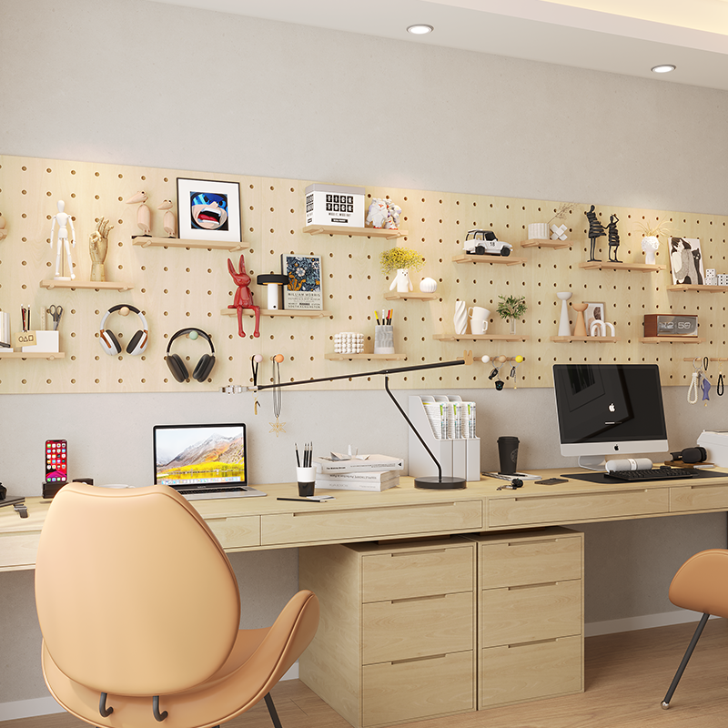 实木洞洞板入户玄关书桌置物架