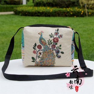 斜挎包帆布包民族风刺绣花织布金丝可爱女士中老年女款手机单肩包