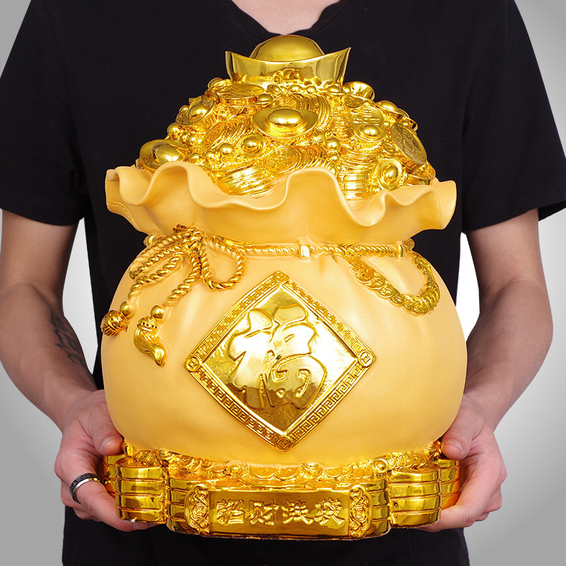 招财进宝钱袋聚宝盆摆件家居客厅书房玄关博古架店铺收银柜台工艺