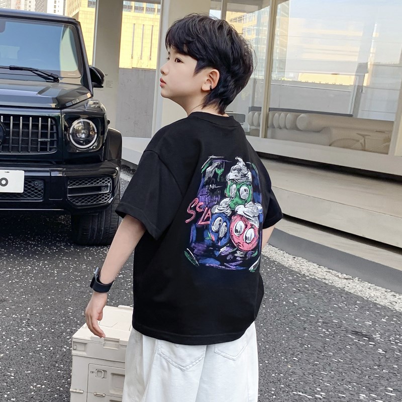 男童夏装潮酷涂鸦黑色短袖T恤2025新款儿童男孩夏季凉感半袖上衣