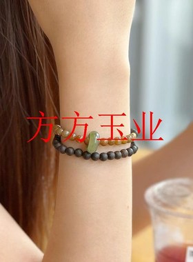 高品质文莱土沉香沉水级圆珠两圈和田F玉全糖手串且末糖珠手链搭