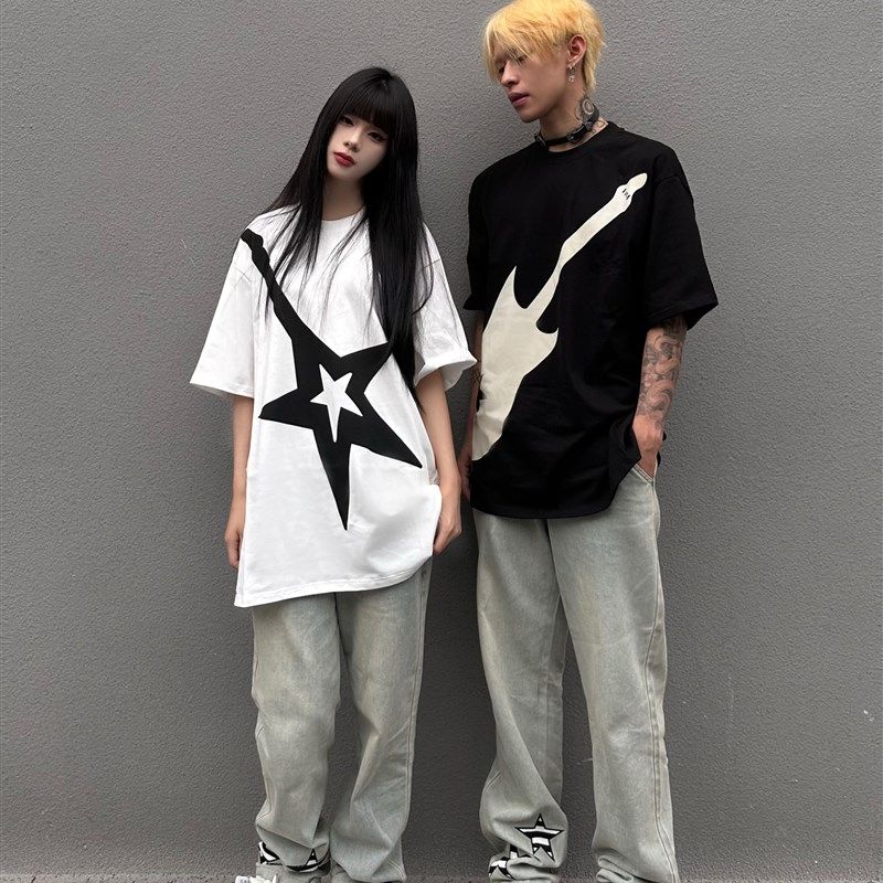 电次羊 吉他印花黑白情侣宽松半袖280g纯棉t恤短袖情侣装国朝闺蜜