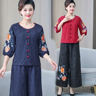 中老年女装棉麻套装夏季新款复古中国风上衣民族风绣花盘扣两件套
