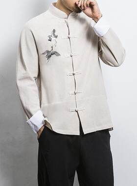 春季中国风仙鹤刺绣唐装复古长袖对襟衬衫男中式盘扣古装汉服上衣
