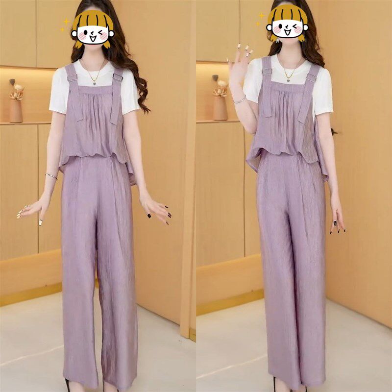 2025夏季新款时尚小个子气质显瘦背带短袖上衣阔腿裤子两件套装女