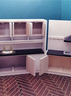 1:12娃d娃屋微缩家具模型配件简约白色木制厨房场景橱柜料理台摆