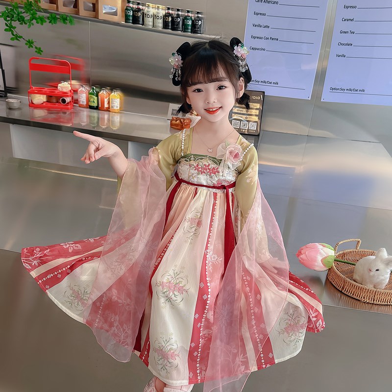 汉服女童春秋连衣裙2023新款中国风儿童长袖古装公主裙唐装襦裙子