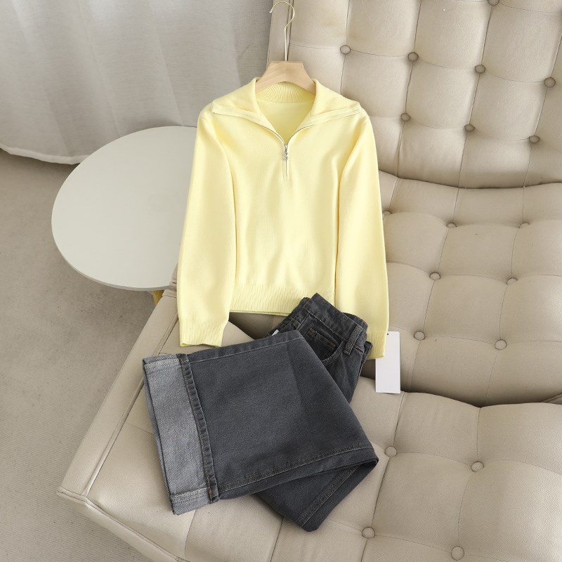 诗系半拉链套头针织衫翻领毛衣高腰直筒卷边阔腿牛仔裤两件套女