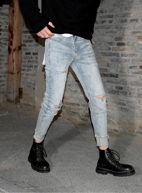 复古浅蓝色膝盖刀割破洞修身小脚牛仔裤男美式潮流裤脚切边九分裤