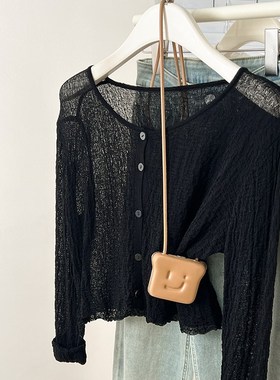 灰色v领冰d丝长袖针织开衫w女宽松夏季薄款微透短款防晒上衣外套