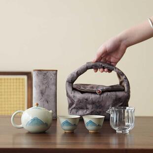 手绘一壶二杯旅行茶具便携 小魔王复古釉下彩泡茶壶旅行茶具套装