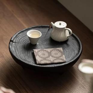 侘寂风实木茶盘干泡盘白蜡木炭烧壶承家用碳化木小型茶台茶具茶道