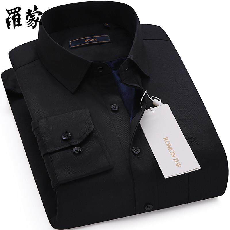 罗蒙黑色保暖衬衫男加绒加厚冬季青年修身商务休闲长袖正装棉衬衫