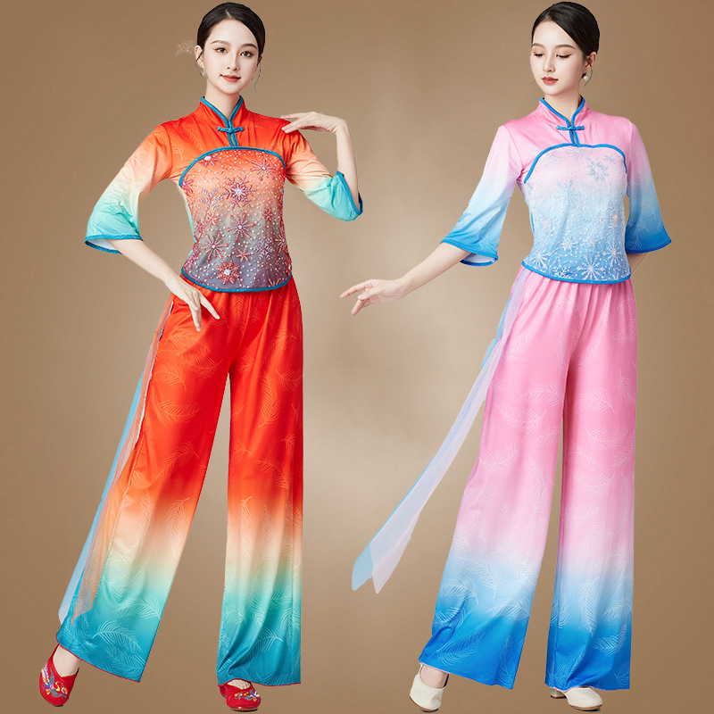 日本无印MUJIE新款广场舞古典扇子舞演出服服装舞蹈秧歌套装中老