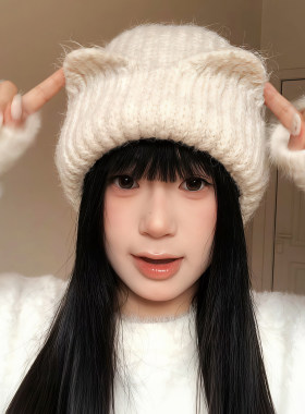 猫耳朵针织毛线帽女款冬季
