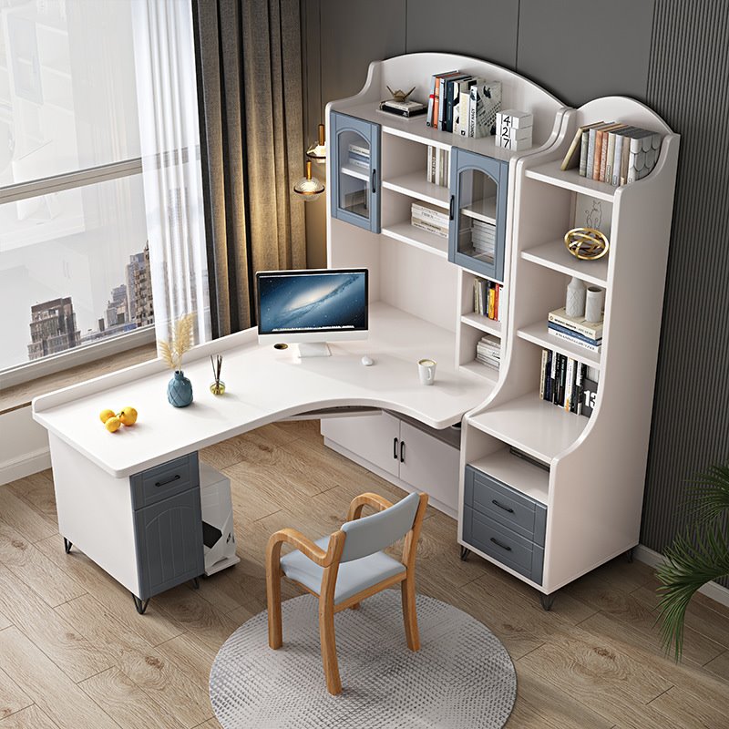 书桌书架一体家用简约儿童学习桌子实木书桌带书柜转角台式电脑桌