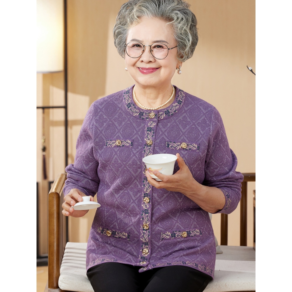 日本品质中老年人加厚婆婆针织老太太开衫妈妈春秋外套奶奶冬装加
