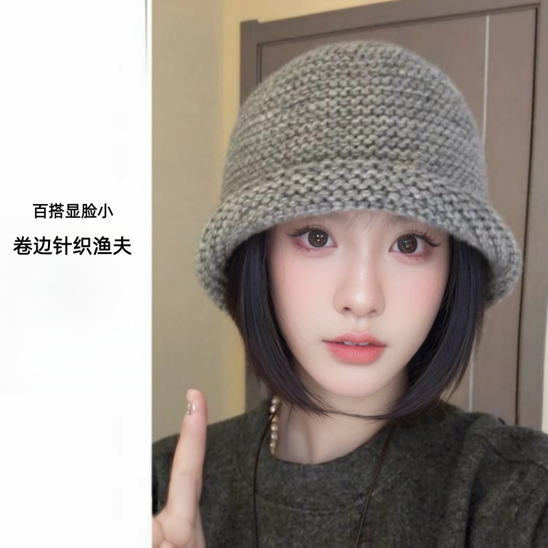 日本品质韩国2025年秋冬新款手工钩织粗毛线卷边渔夫帽休闲纯色盆