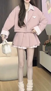 学院风淑女套装假两件短款西装外套加显瘦半身裙秋季甜美两件套女