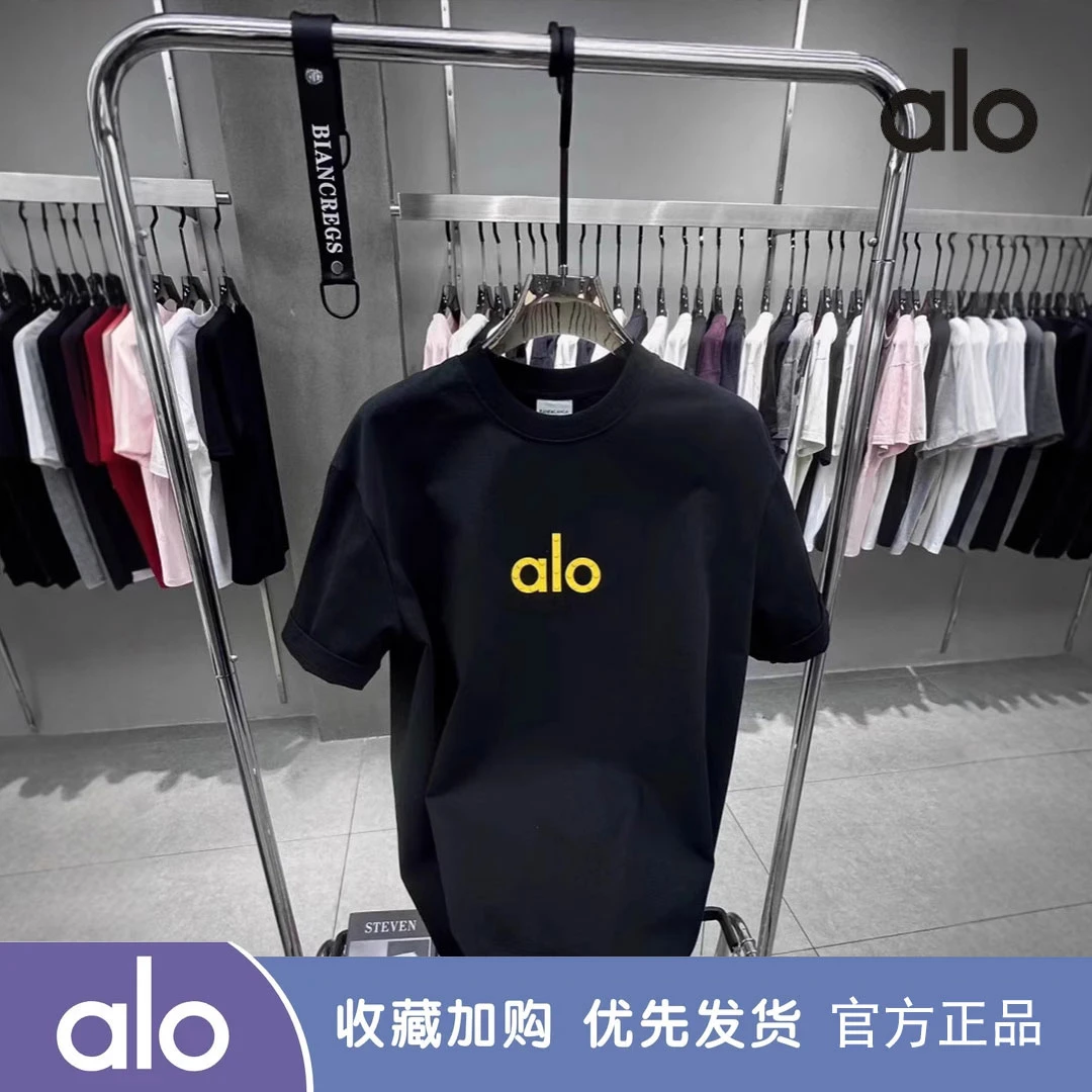 alo fite官方夏季刺绣奥特莱斯运动短袖T恤男女情侣装纯棉休闲潮