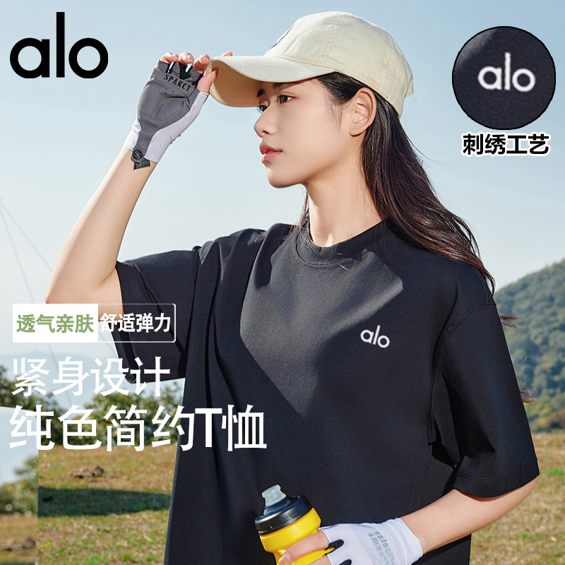 alo fite官方夏季刺绣2025年新款短袖T恤男女情侣装运动美式上衣