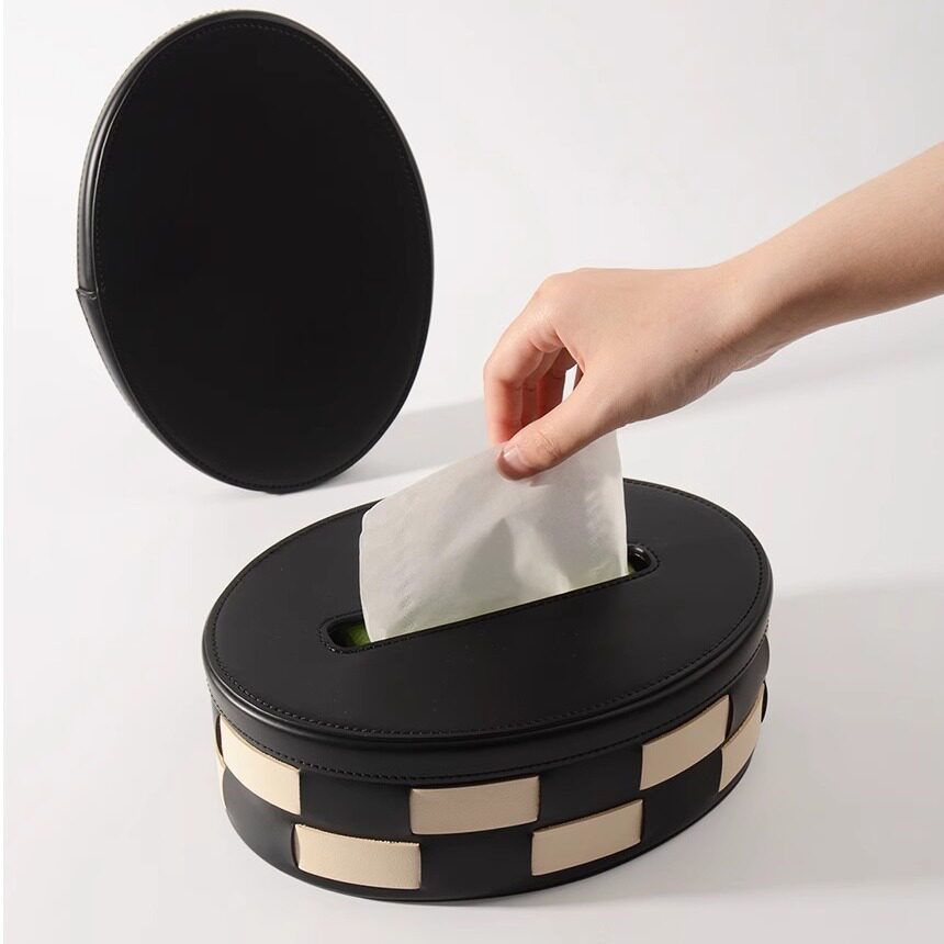 皮革棋盘格纸巾盒收纳盒高档餐桌复古抽纸盒客厅摆件