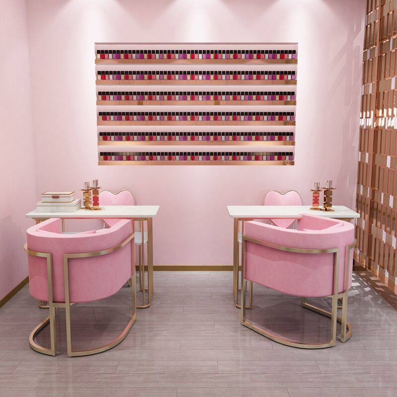 2026北欧铁艺双层大理石美甲桌椅套装网红沙发椅单双人金色美甲桌