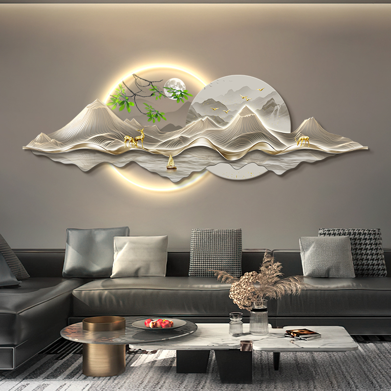 新中式客厅装饰画k背有靠山led发光灯画沙发背景墙挂画高级感麋鹿