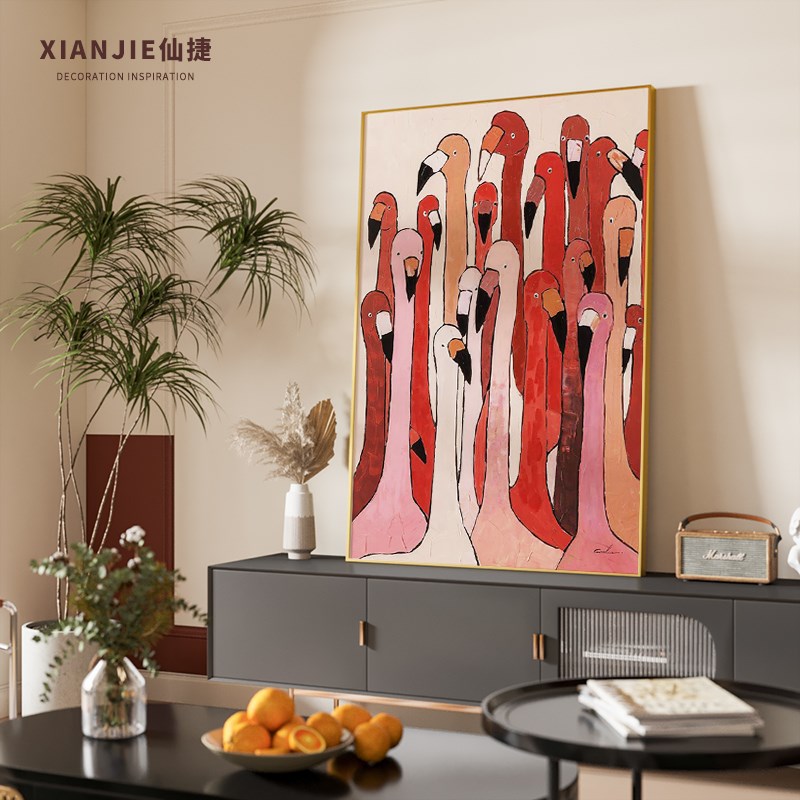 网红简约现代厅沙发墙装饰画背客红色火J烈景鸟玄关壁画动物挂竖图片