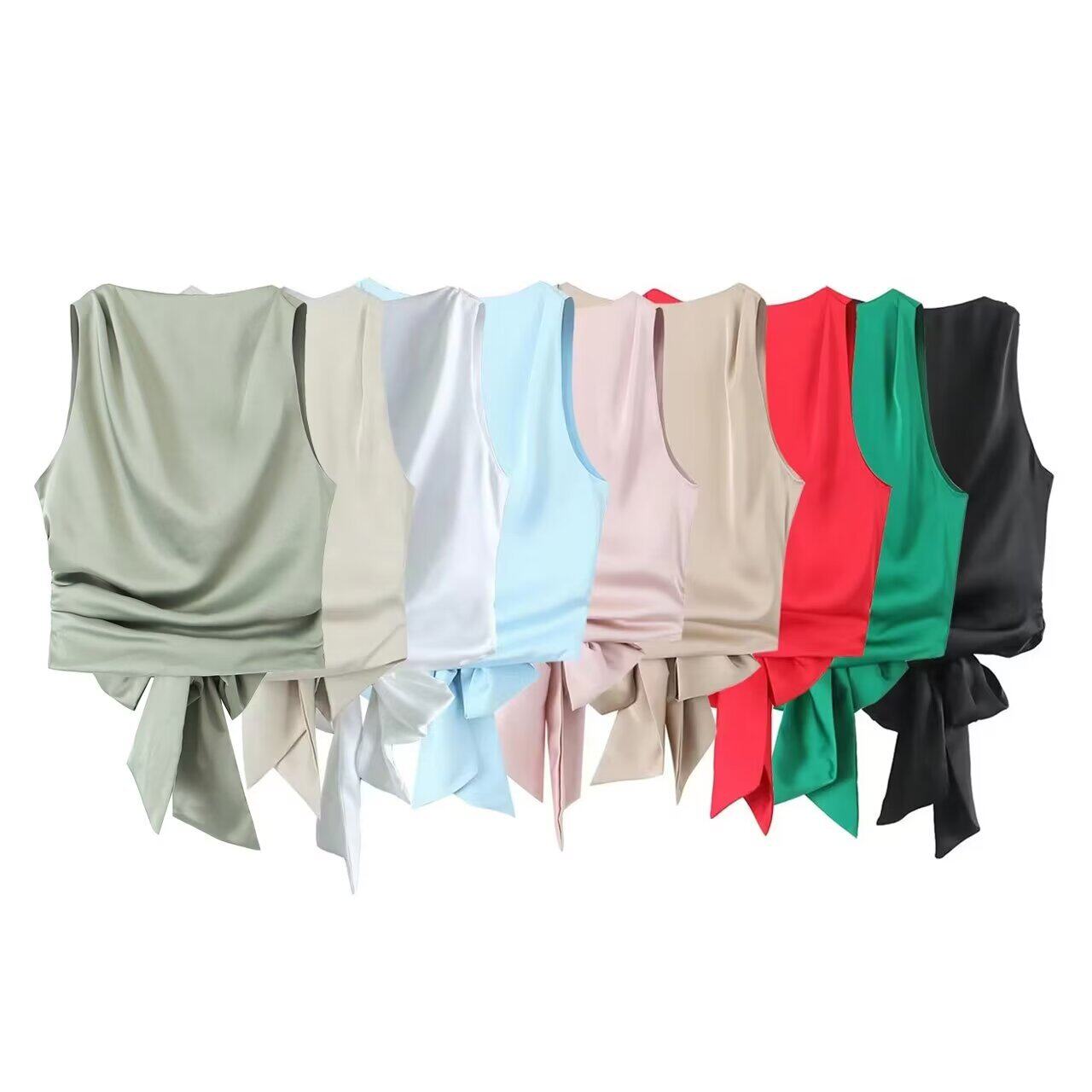women clothes女装 欧美跨境 新款设计感露背丝缎质感无袖T桖上衣