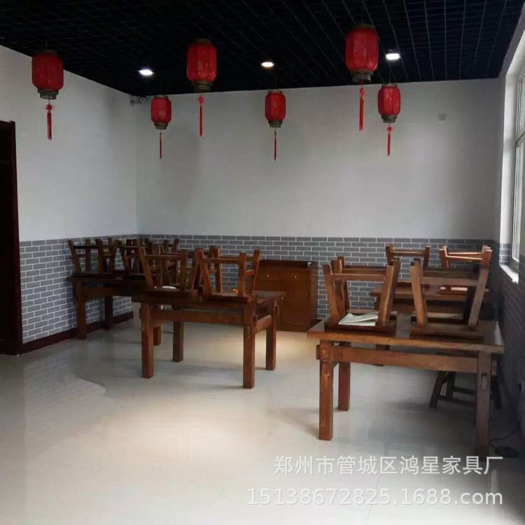 实木餐桌椅组合饭店农家乐茶桌面馆酒吧咖啡店新中式餐桌橙色