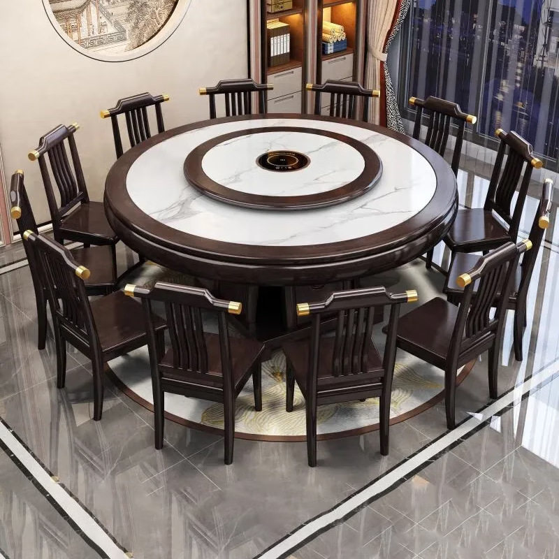 新中式实木圆桌岩板餐桌椅带转盘餐厅家用吃饭桌酒店饭店大圆桌子