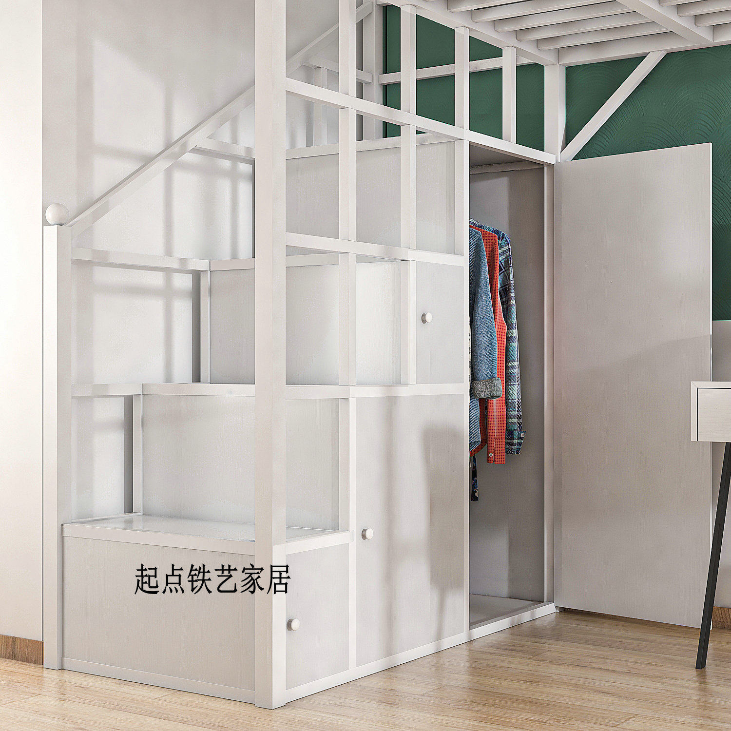 现代家用卧室铁艺床带书架储物柜上下高架床阁楼带衣柜楼梯铁床