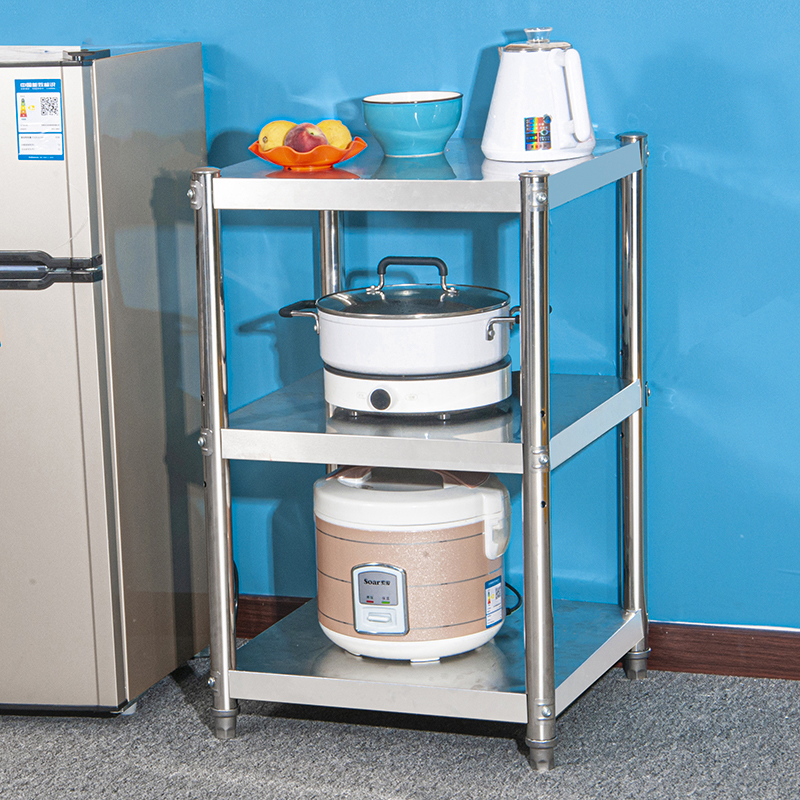 不锈钢厨房置物架落地微波炉收z纳烤D箱三层正方形架家用储物小架