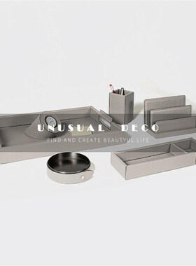 欧式轻奢黑色米白牛皮相框托盘时钟烟灰缸样O板间书房办公桌摆件