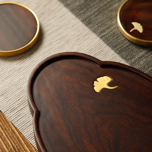 黑檀木整块实木黄铜茶盘茶杯托A家用托盘干泡台大壶承小型茶具杯