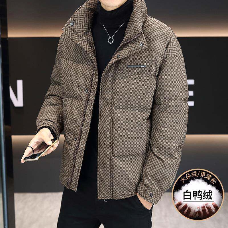 罗蒙格子羽绒服男士冬季新款潮牌时尚立领夹克加厚保暖防寒外套男