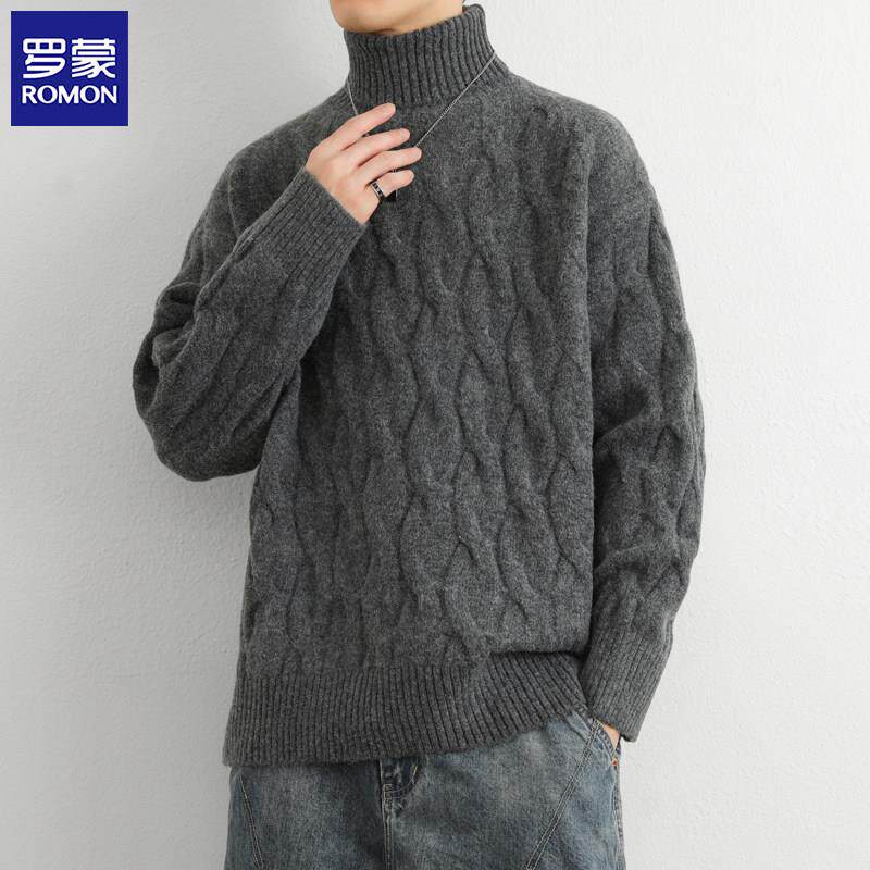 罗蒙高领毛衣男士秋冬季加厚麻花线衣潮流内搭打底针织衫保暖上衣