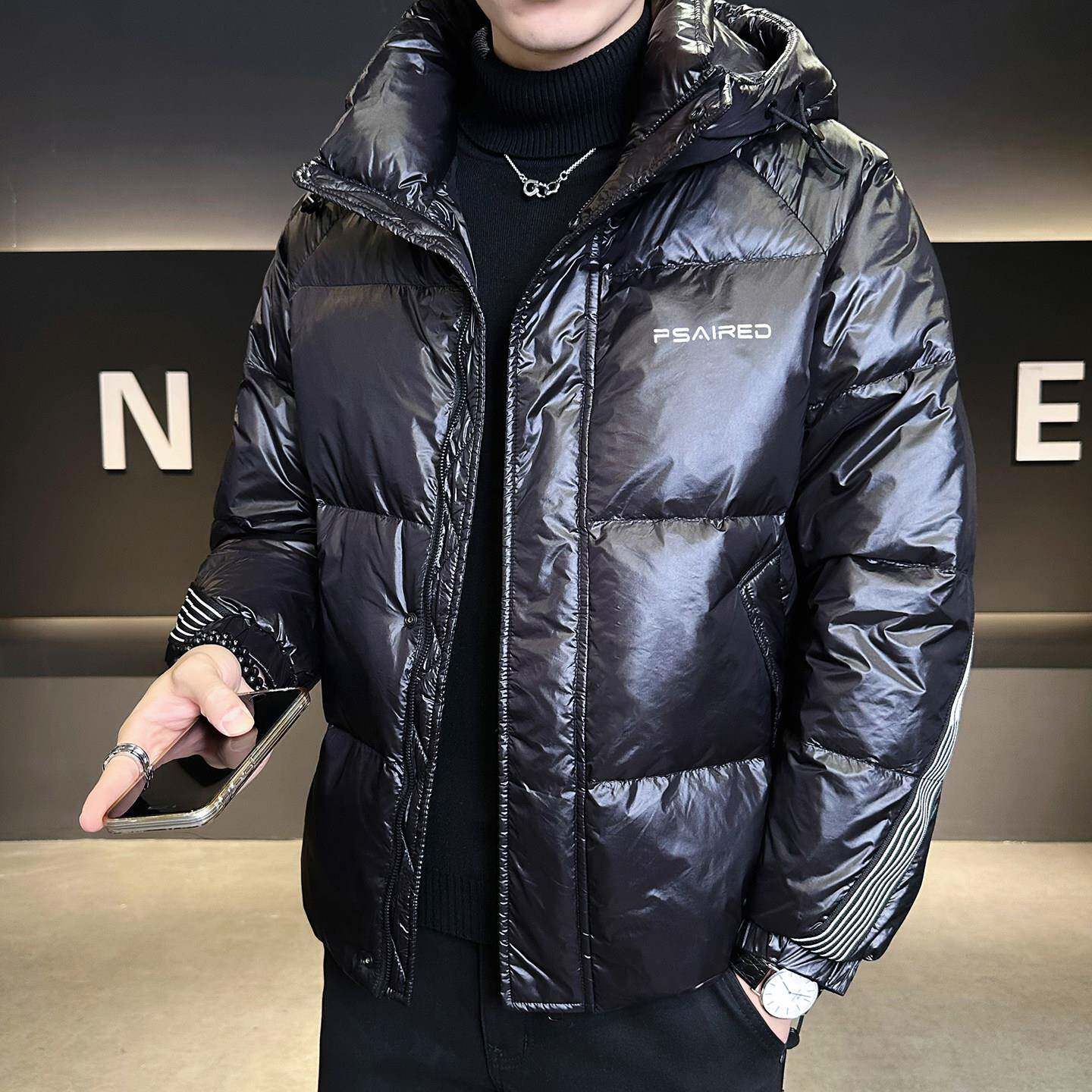 罗蒙免洗亮面短款羽绒服男韩版冬季潮牌连帽加厚保暖时尚帅气外套