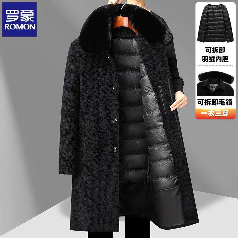 罗蒙爸爸毛呢大衣外套雪尼尔中老年男士冬季羽绒内胆可拆卸中长款