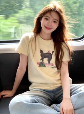 奶油风卡通可爱猫咪短袖T恤女2026夏季宽松圆领甜妹百搭上衣潮流
