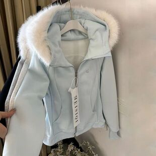 冬季加绒加厚可拆卸毛领刺绣连帽外套女重磅修身显瘦保暖开衫卫衣