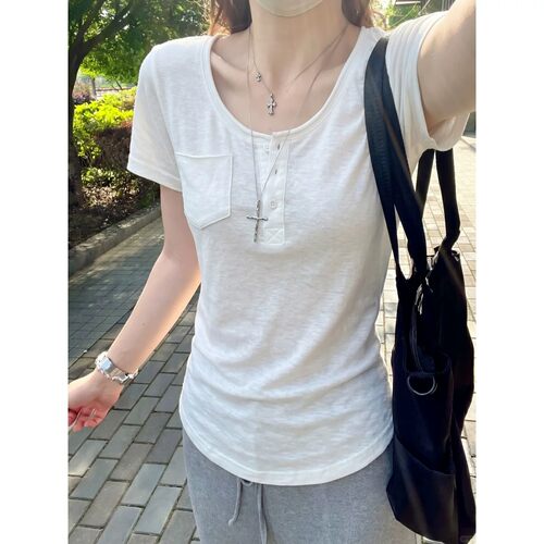 白色U领正肩短袖T恤女夏季新款修身显瘦韩系慵懒设计休闲百搭上衣