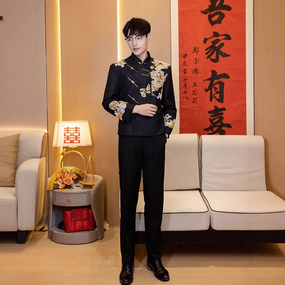 日本品质新中式男装中山装男士结婚西服套装婚礼新郎礼服订婚婚服