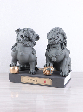 现代新中式蓝白色狮子摆件样板房间书房博K古架玄关柜桌面软装饰