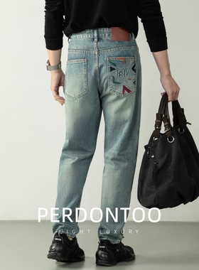 【BAPU街头系列】撞色刺绣水洗复古牛仔裤男款微阔直筒长裤设ZZ07