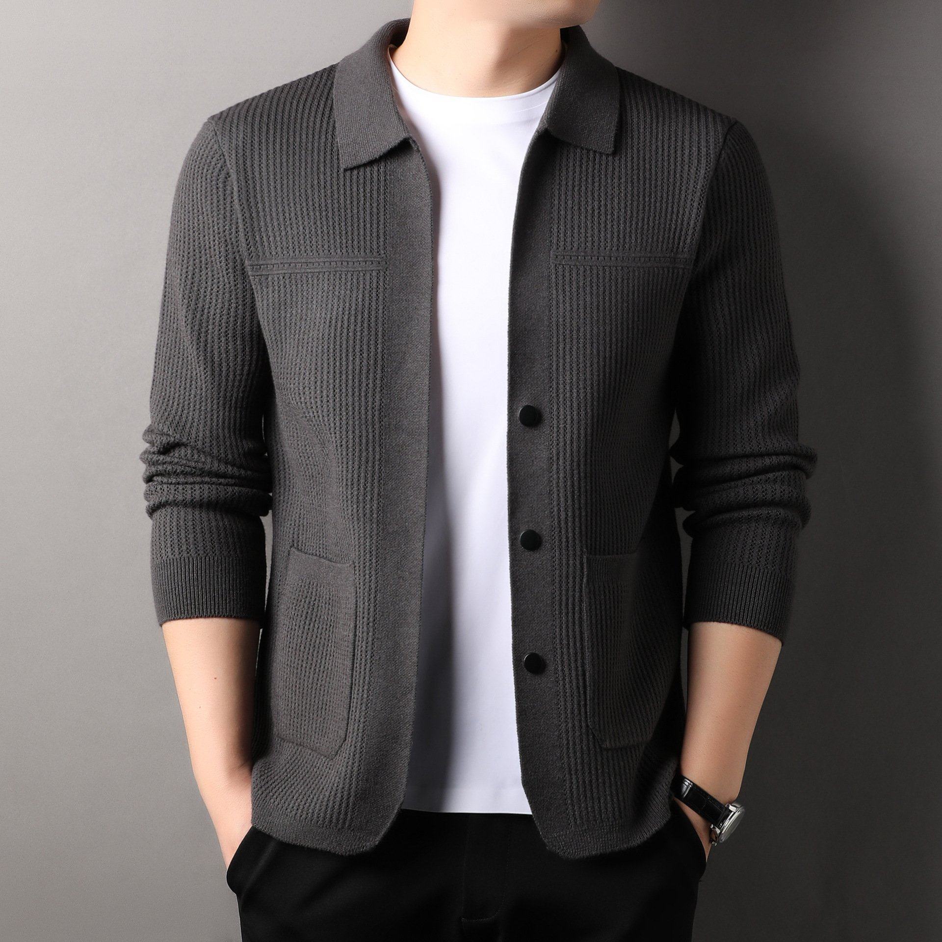 高端针织衫开衫男士春秋款2025新款中年翻领秋冬款打底衫毛衣EC27