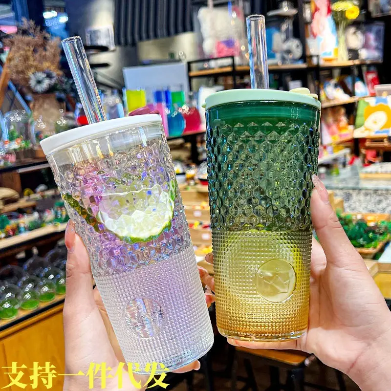 玻璃吸管杯大容量带盖带吸管杯办公室夏季高颜值女王杯奶茶水果杯