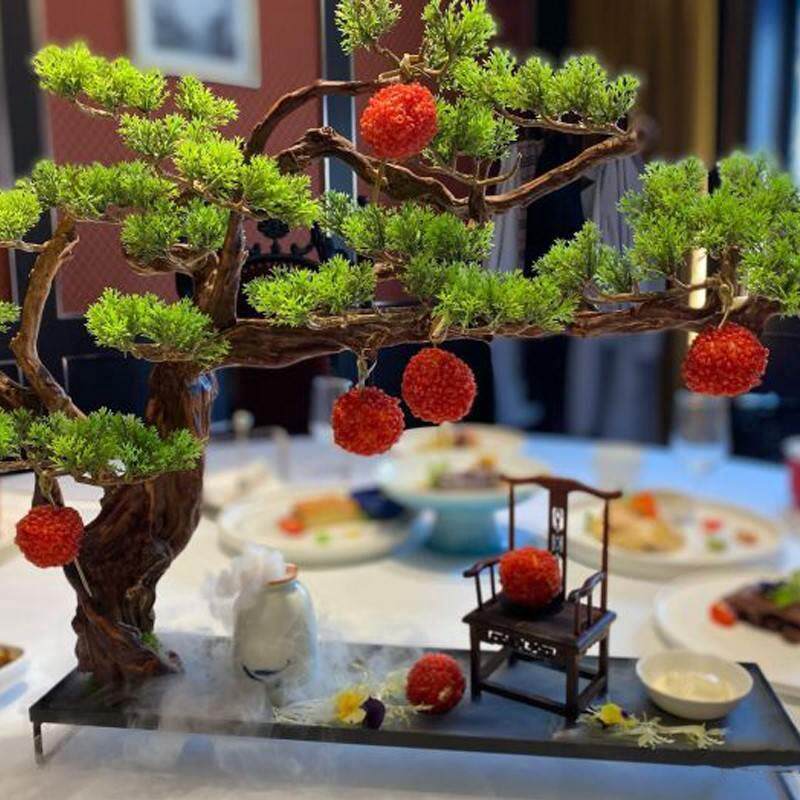 网红荔枝虾球仿真树餐具新中式摆盘妃子笑竹签Q假树枝树餐饮创意