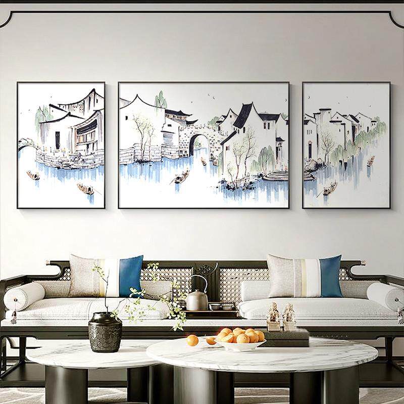 吴冠中江南水乡客厅装饰画三联画简约高级感新中式沙发背景墙挂画